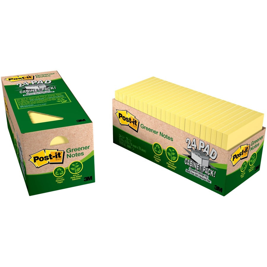 Post-it&reg, Greener Notes Cabinet Pack - 1800 - 3" Flag/Note Width x 3" Flag/Note Length - Square - 75 Sheets per Pad - Unruled - Canary Yellow - Paper - Self-adhesive, Repositionable - Recycled - 1 Pack