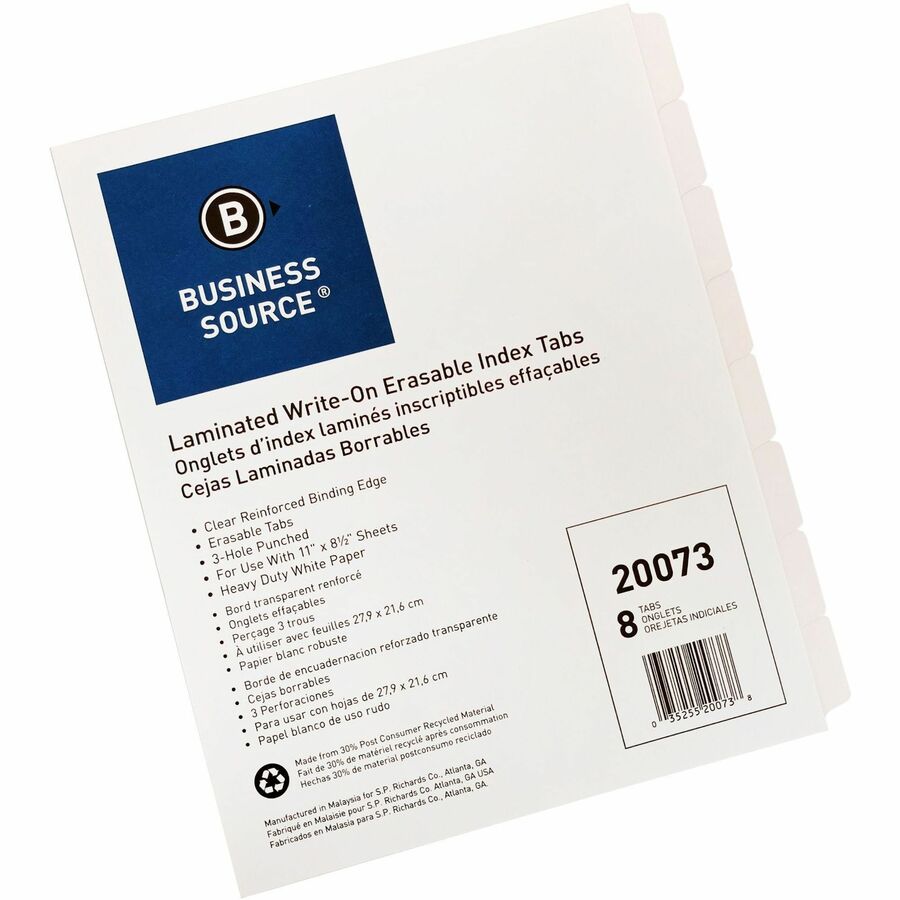 Business Source 3-Ring 8-Tab Indexes - 8 Write-on Tab(s) - 1.25" Tab Width - 8.5" Divider Width x 11" Divider Length - Letter - 3 Hole Punched - White Divider - White Mylar Tab(s) - 100% Recycled - Reinforced Edges, Punched - 1 Set