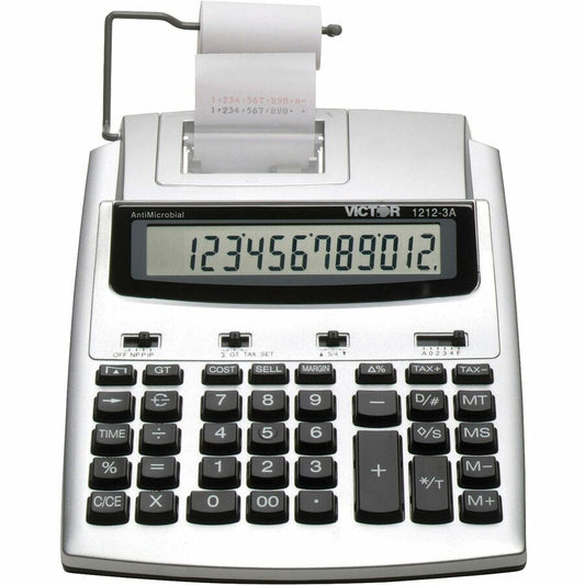 Victor 12123A Printing Calculator - Extra Large Display, Date, Clock, Environmentally Friendly, Item Count, 4-Key Memory, Independent Memory, Dual Power - Battery/Power Adapter Powered - 2.5" Height x 7.8" Width x 9.8" Length - White, Silver - Plastic...
