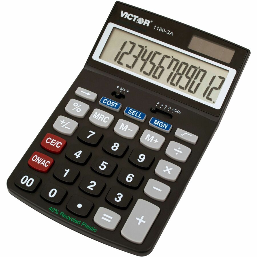 Victor 11803A Business Calculator - Easy-to-read Display, Auto Power Off - 12 Digits - LCD - Battery/Solar Powered - 1.1" Height x 4" Width x 6.5" Length - Black - Plastic - 1 Each
