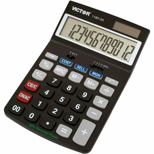 Victor 11803A Business Calculator - Easy-to-read Display, Auto Power Off - 12 Digits - LCD - Battery/Solar Powered - 1.1" Height x 4" Width x 6.5" Length - Black - Plastic - 1 Each