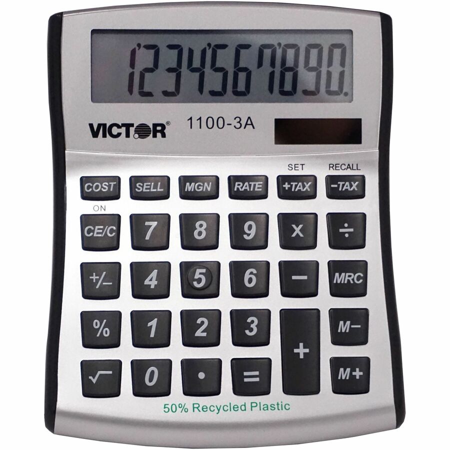 Victor 11003A Mini Desktop Calculator - Large Display, Angled Display, Dual Power, Independent Memory, Environmentally Friendly, Battery Backup - Battery/Solar Powered - Battery Included - 1.1" Height x 4.5" Width x 5" Depth x 5" Length - White, Blue...