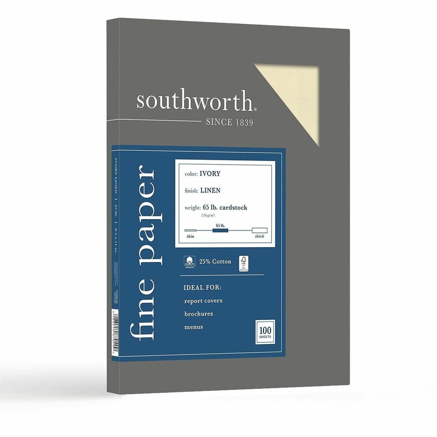 Southworth 25% Cotton Business Cover Stock - Letter - 8 1/2" x 11" - 65 lb Basis Weight - Linen, Textured - Acid-free, Lignin-free - Ivory - 1 Box