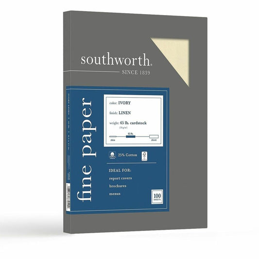 Southworth 25% Cotton Business Cover Stock - Letter - 8 1/2" x 11" - 65 lb Basis Weight - Linen, Textured - Acid-free, Lignin-free - Ivory - 1 Box