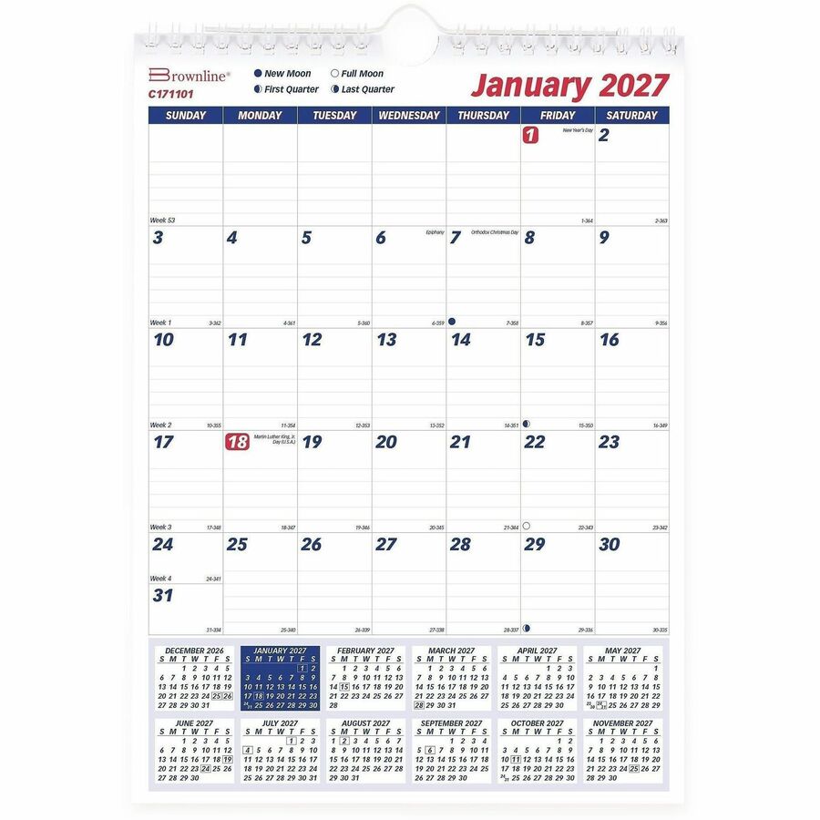 Brownline Wall Calendar Monthly 8x11" English - Monthly - 12 Month - January 2027 to December 2027 - White Sheet - Wall Mount - 1 Each