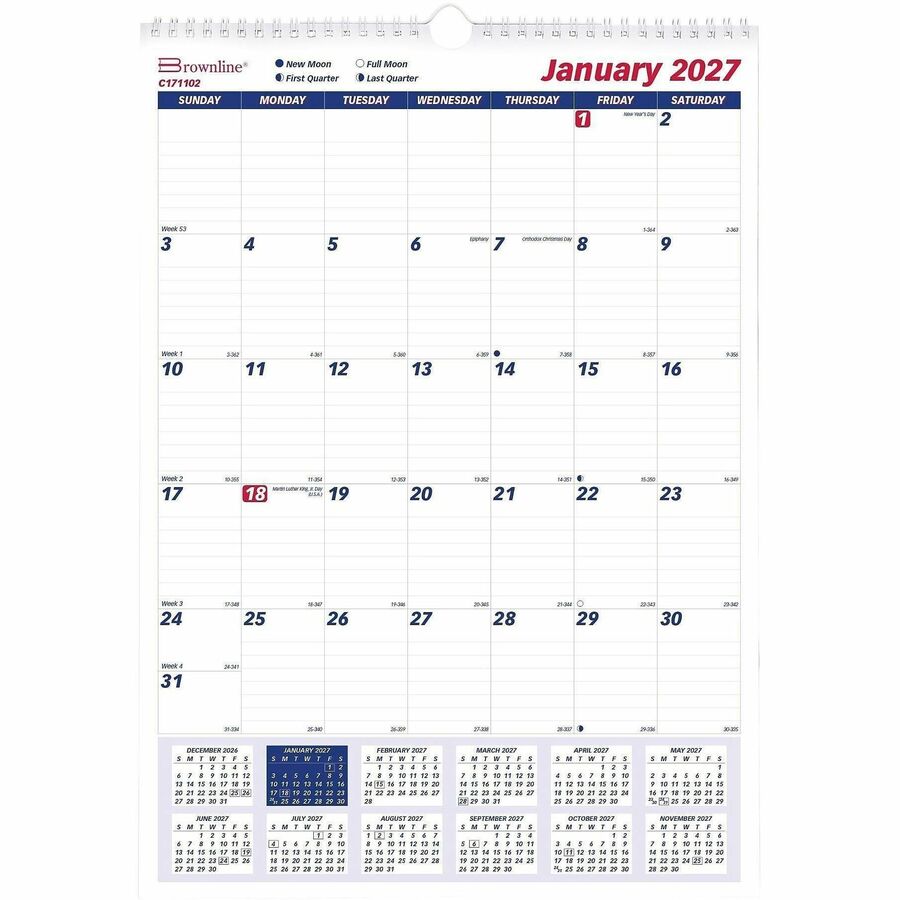 Brownline Ruled Block Monthly Wall Calendar - Julian Dates - Monthly - 1 Year - January 2027 to December 2027 - 1 Month Single Page Layout - 12" x 17" Sheet Size - Twin Wire - White - 1 Each