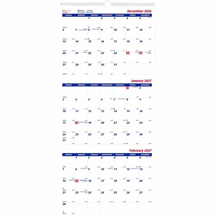 Brownline Three-Month Wall Calendar, 14 Months, December to January - Monthly - 14 Month - December 2026 to January 2028 - 3 Month Single Page Layout - 12 1/4" x 27" Sheet Size - Wall Mount - White - Chipboard - 1 Each
