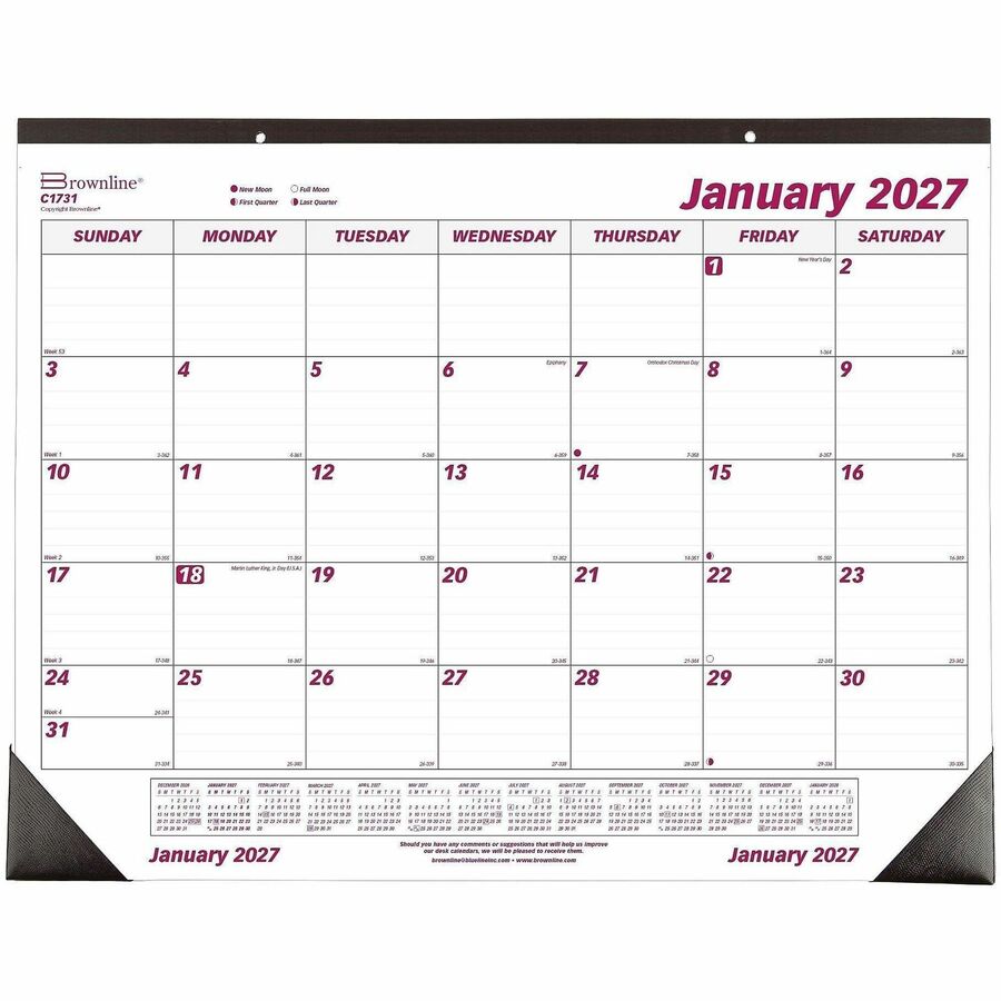 Brownline Professional Monthly Desk/Wall Calendar - Julian Dates - Monthly - 1 Year - January 2027 to December 2027 - 1 Month Single Page Layout - 22" x 17" Sheet Size - Desk Pad - White - Paper - 1 Each
