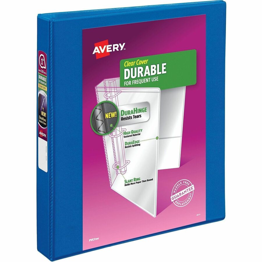 Avery&reg, Durable View 1.5" Binder, Blue Binder (17024) - 1" Binder Capacity - Letter - 8 1/2" x 11" Sheet Size - 250 Sheet Capacity - 1 2/5" Spine Width - 3 x 1" Ring - Fastener: Slant Ring - Pocket: 2, Internal - Polypropylene - Dark Blue - Adhesive...