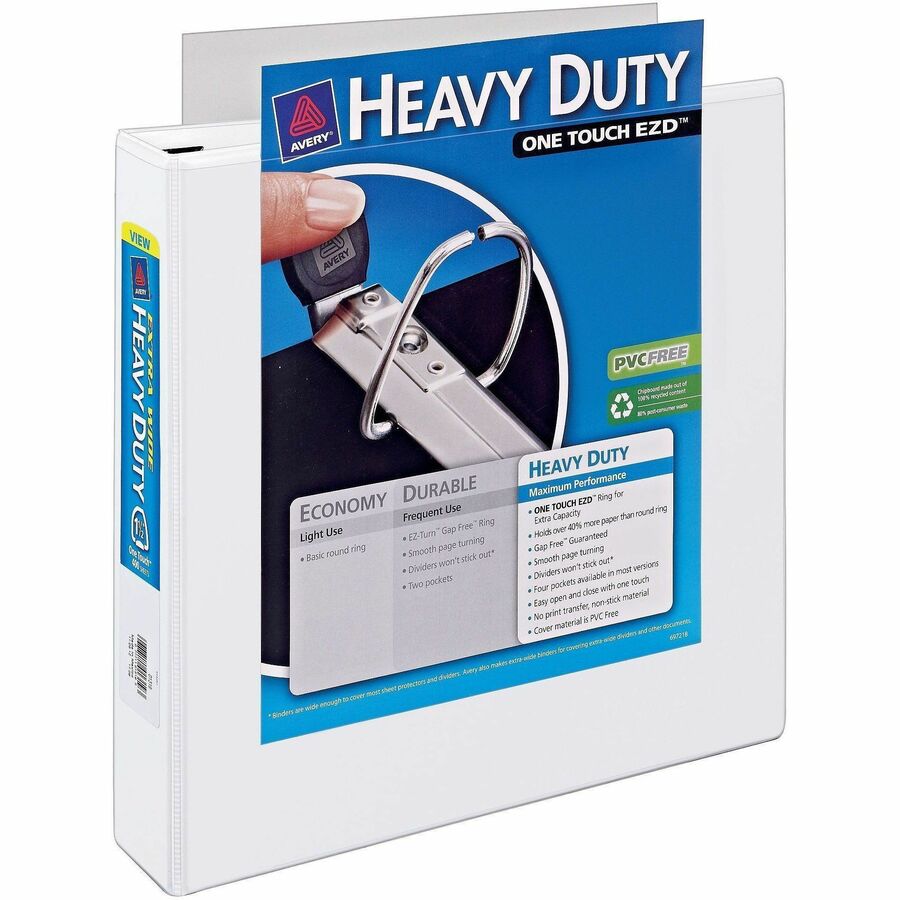 Avery&reg, Heavy-Duty View 3 Ring Binder, Extra Wide, 1.5" EZD Rings, 1 White Binder(01319) - 1 1/2" Binder Capacity - Letter - 8 1/2" x 11" Sheet Size - 400 Sheet Capacity - 3 x 1.50" Ring - Fastener: D-Ring - Pocket: 4, Internal - Polypropylene - Whi...