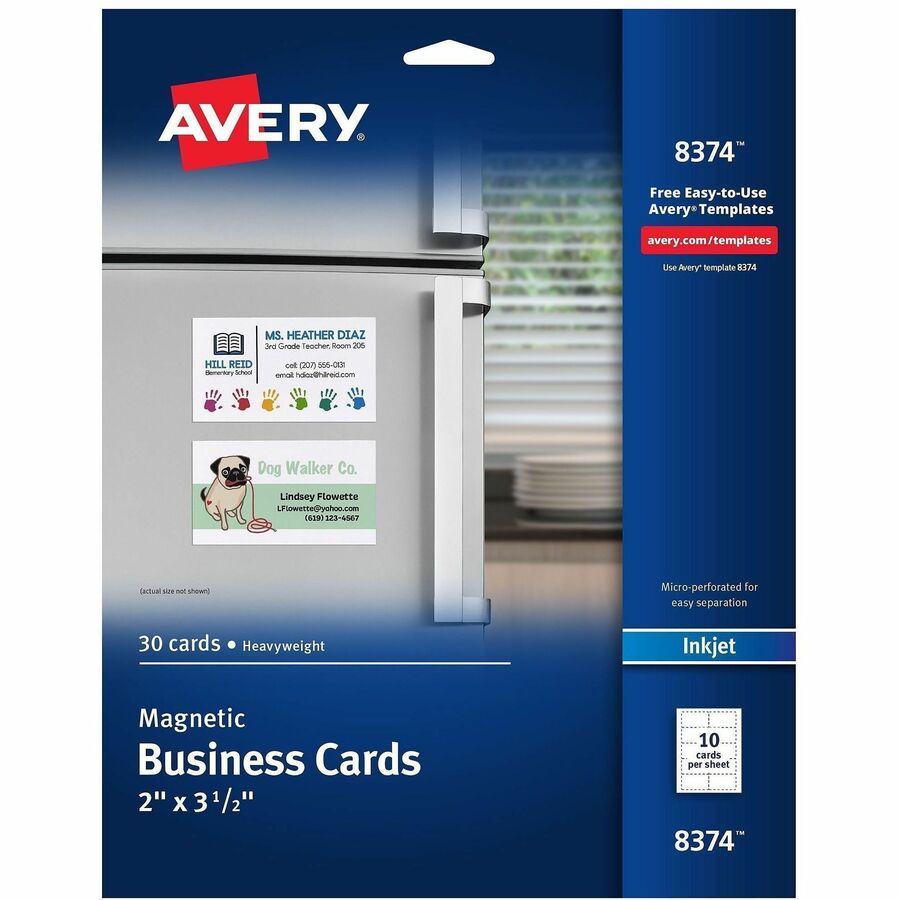 Avery&reg, Magnetic Business Cards, 2" x 3-1/2" , Matte White, 30 Cards (8374) - 2" x 3 1/2" - 729 g/m², Grammage - Matte - Sturdy, Magnetic Coated, Perforated - White - 30/Pack - 1 Carton