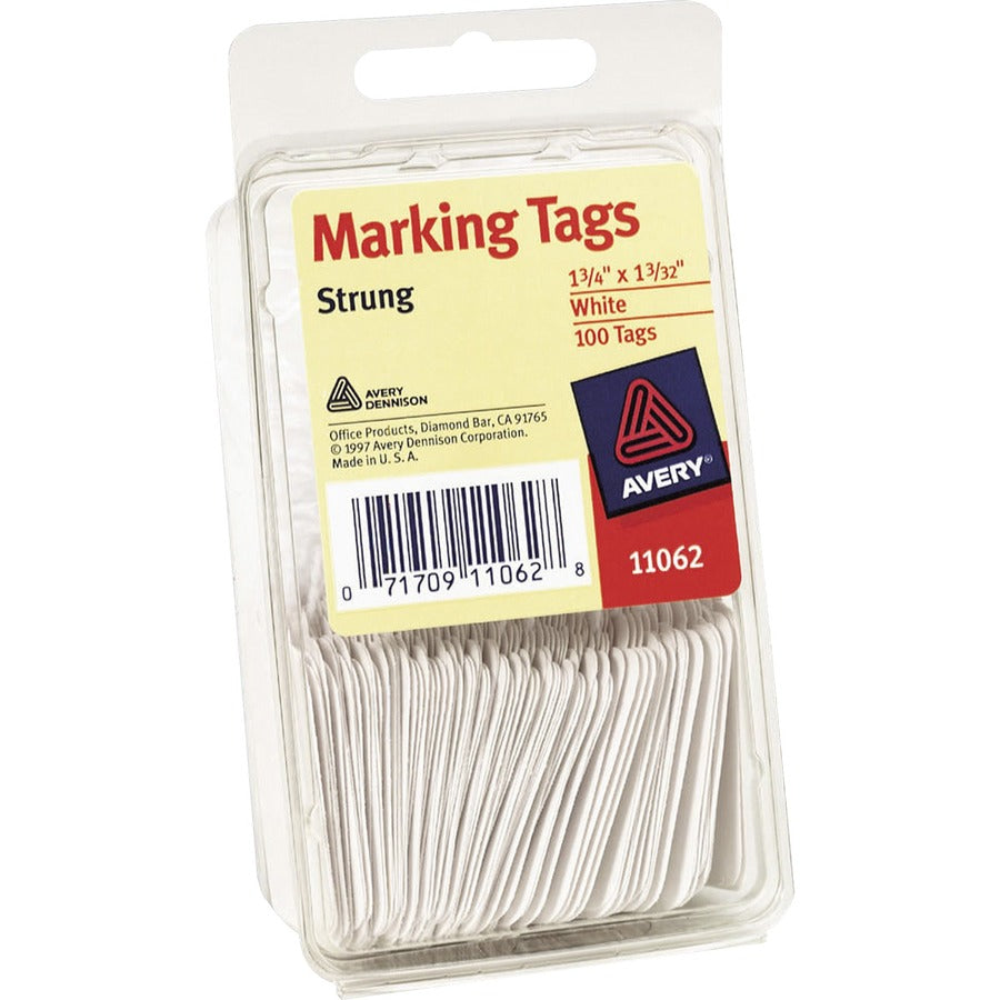 Avery&reg, White Marking Tags, Strung, 1-3/4" x 1-3/32" , 100 Tags (11062) - 1.75" Length x 1.09" Width - Rectangular - String Fastener - Card Stock - White - 100/Pack - 1 Carton