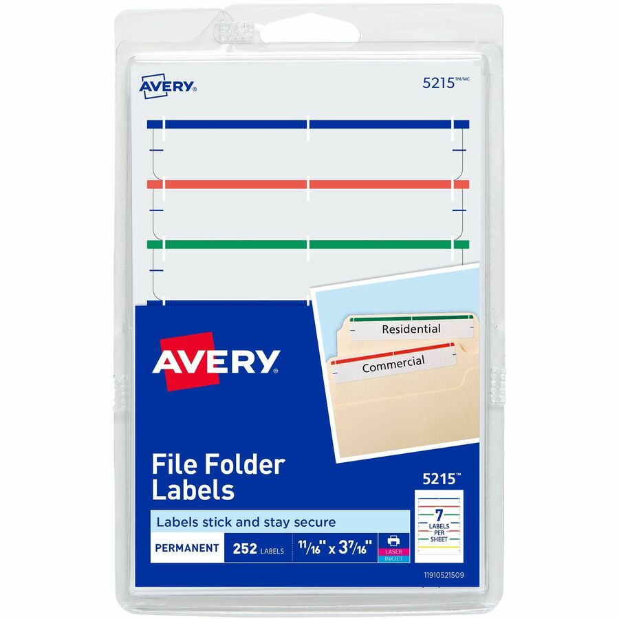 Avery&reg, File Folder Labels, Assorted, 2/3" x 3-7/16" , 252 (5215) - 43/64" Height x 3 7/16" Width - Permanent Adhesive - Rectangle - Laser, Inkjet - Matte - Dark Blue, Dark Red, Green, Yellow - Paper - 7 / Sheet - 36 Total Sheets - 252 Total Label(s...