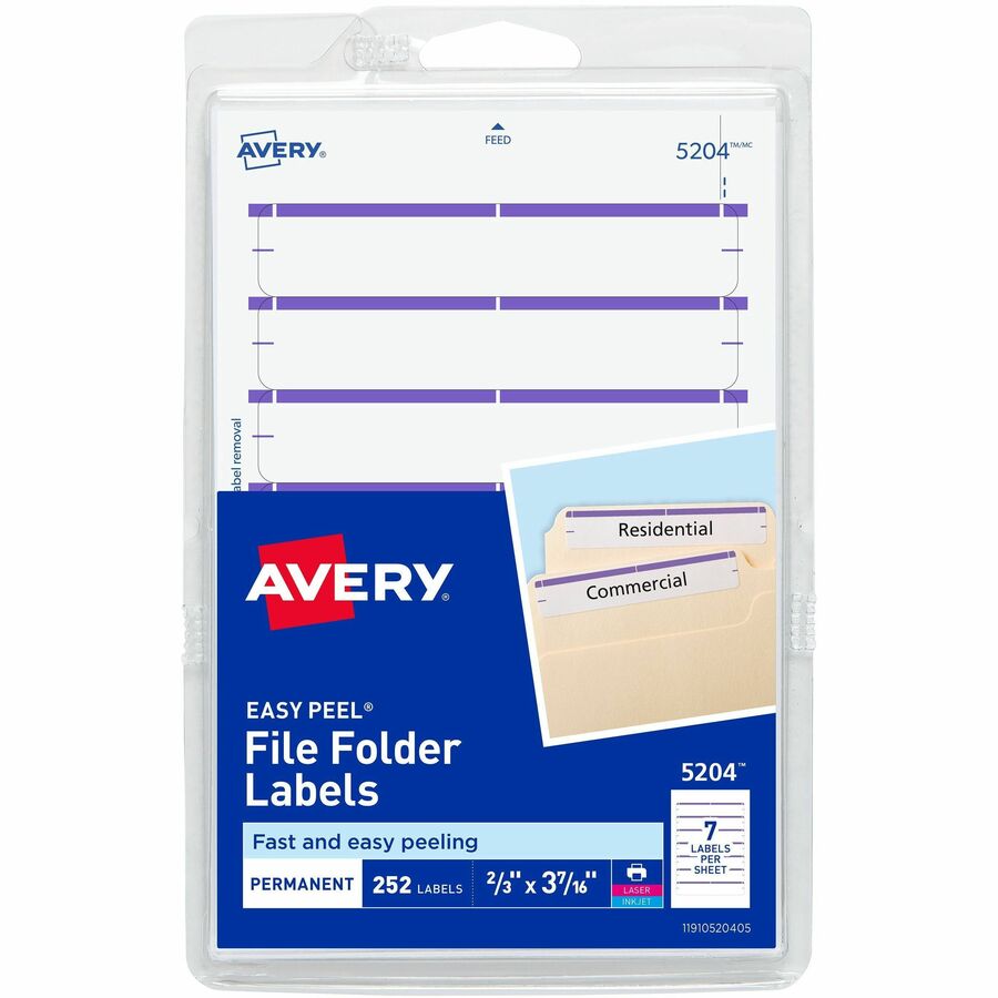Avery&reg, File Folder Labels, White/Purple, 2/3" x 3-7/16" , 252 (5204) - 3 7/16" Height x 43/64" Width - Permanent Adhesive - Rectangle - Laser, Inkjet - Purple - Paper - 7 / Sheet - 36 Total Sheets - 252 Total Label(s) - 1 Each
