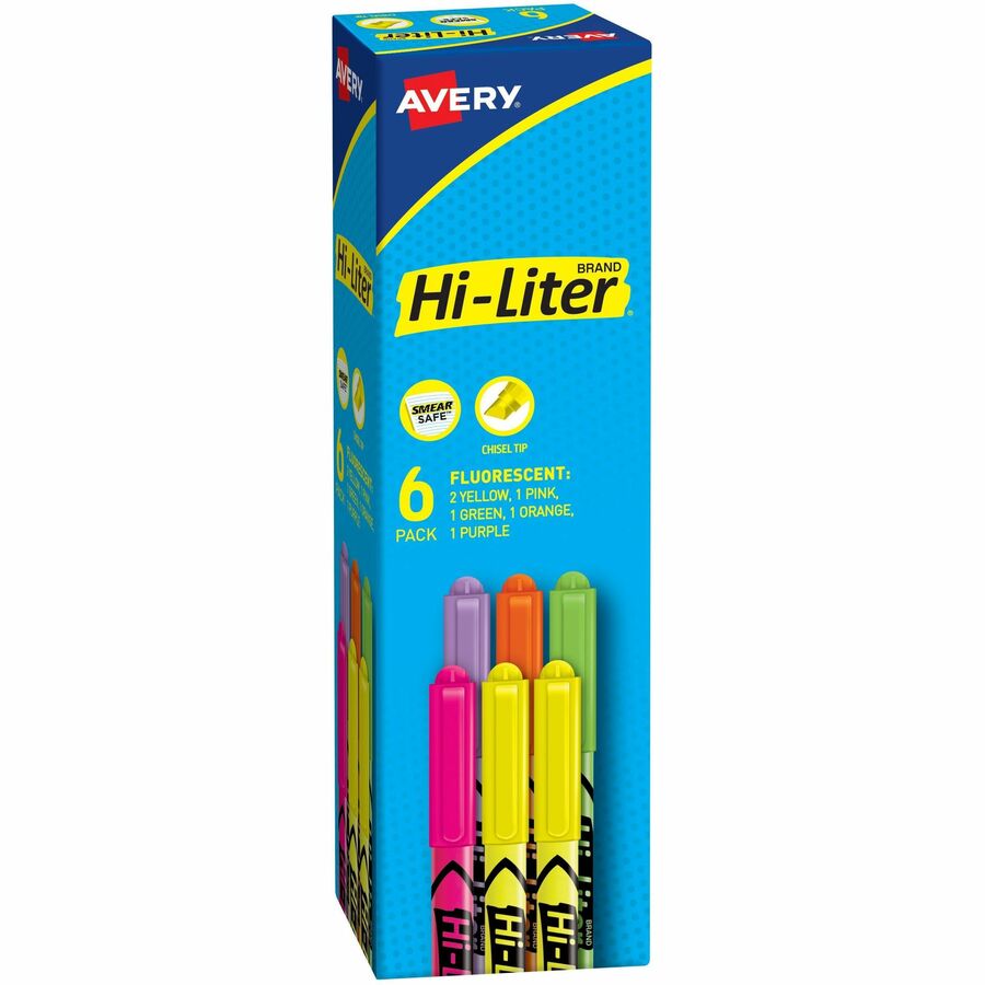 Avery&reg, Hi-Liter(R), Pen-Style, Assorted Colors, 6 Count (23565) - Washable - Fluorescent Green, Fluorescent Orange, Fluorescent Pink, Fluorescent Purple, Fluorescent Yellow Ink - Classroom, Home, School, Journaling - 6 / Pack