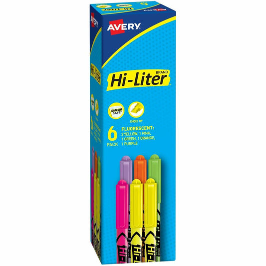Avery, Hi-Liter(R), Pen-Style, Assorted Colors, 6 Count (23565) - Washable - Fluorescent Green, Fluorescent Orange, Fluorescent Pink, Fluorescent Purple, Fluorescent Yellow Ink - Classroom, Home, School, Journaling - 6 / Pack