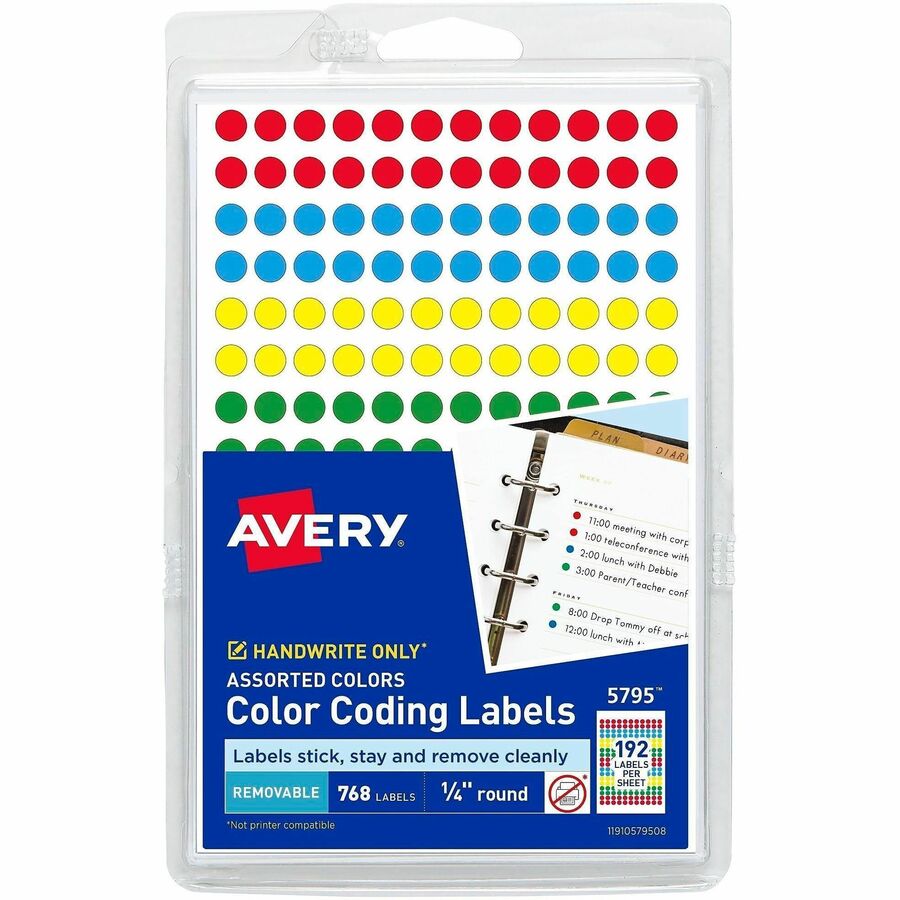 Avery&reg, Dot Stickers, 1/4" Diameter, Assorted, 760 Total (5795) - 1/4" Diameter - Removable Adhesive - Round - Matte - Green, Light Blue, Red, Yellow - Paper - 192 / Sheet - 4 Total Sheets - 768 Total Label(s) - 760 / Pack