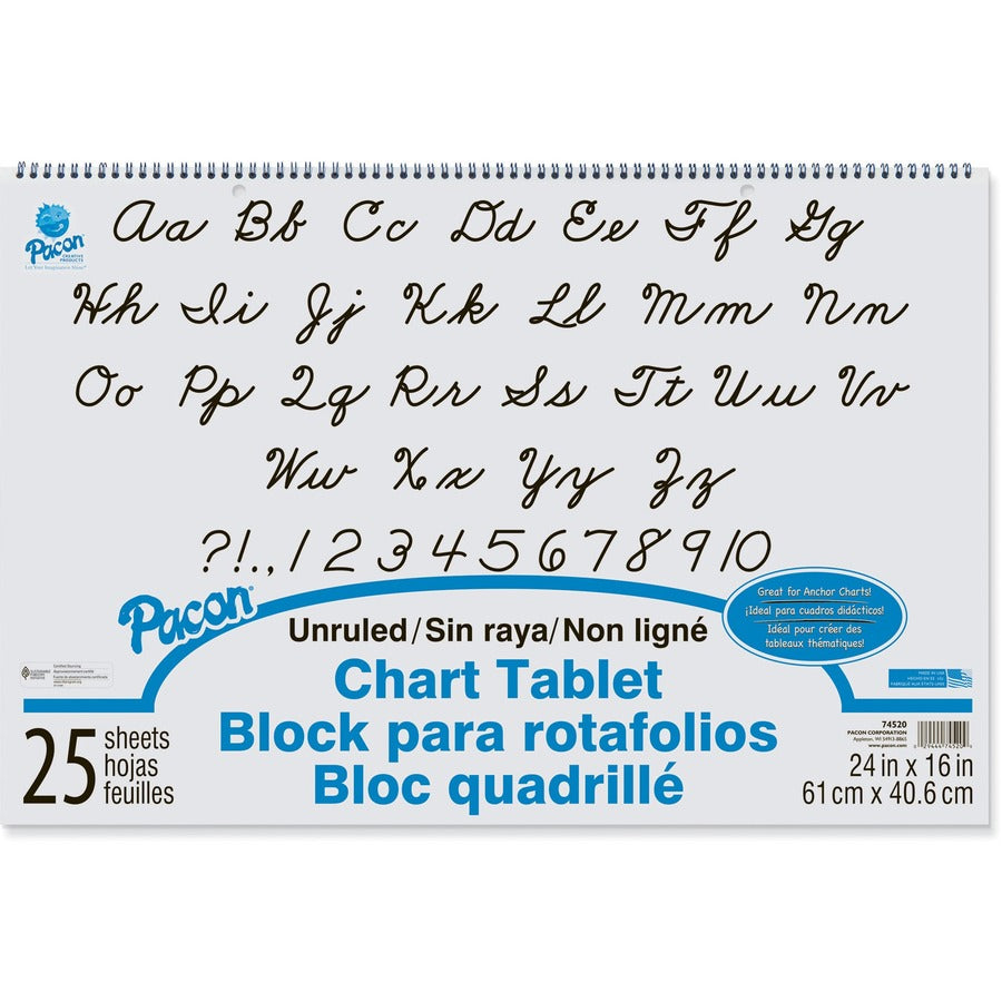 Pacon Unruled Chart Tablet - 25 Sheets - Plain - Spiral Bound - Unruled Front Ruling - 24" x 16" Sheet Size - White Paper - Stiff Cover - Sturdy Back, Recyclable - 1 Each