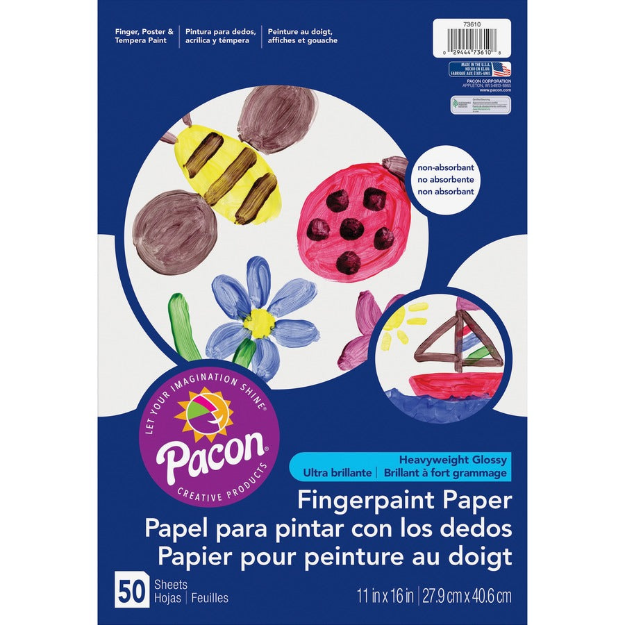 Pacon Coated Finger Paint Art Paper - 50 Sheets - 11" x 16" Sheet Size - White Paper - Non Absorbant, Bleed Resistant, Smear Resistant - 1 Pack