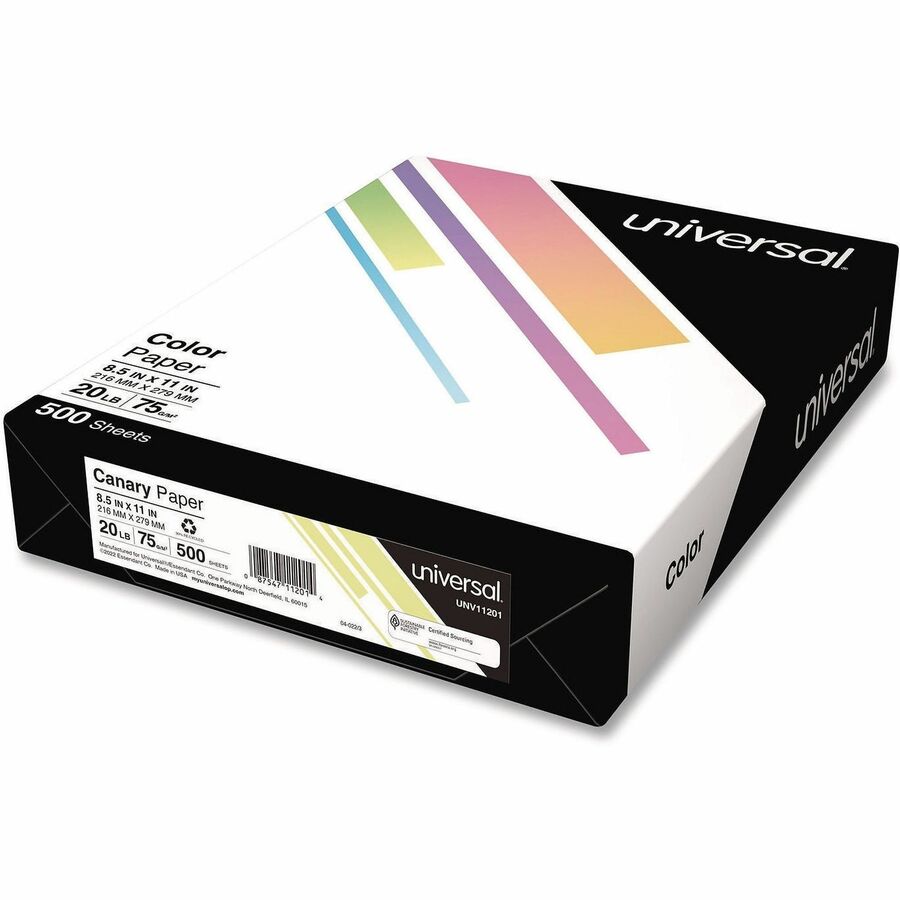 Universal Deluxe Colored Paper, 20 lb Bond Weight, 8.5 x 11, Canary, 500/Ream - 20 lb Basis Weight - 75 g/m², Grammage - Canary - 500 Sheets - 1 Ream