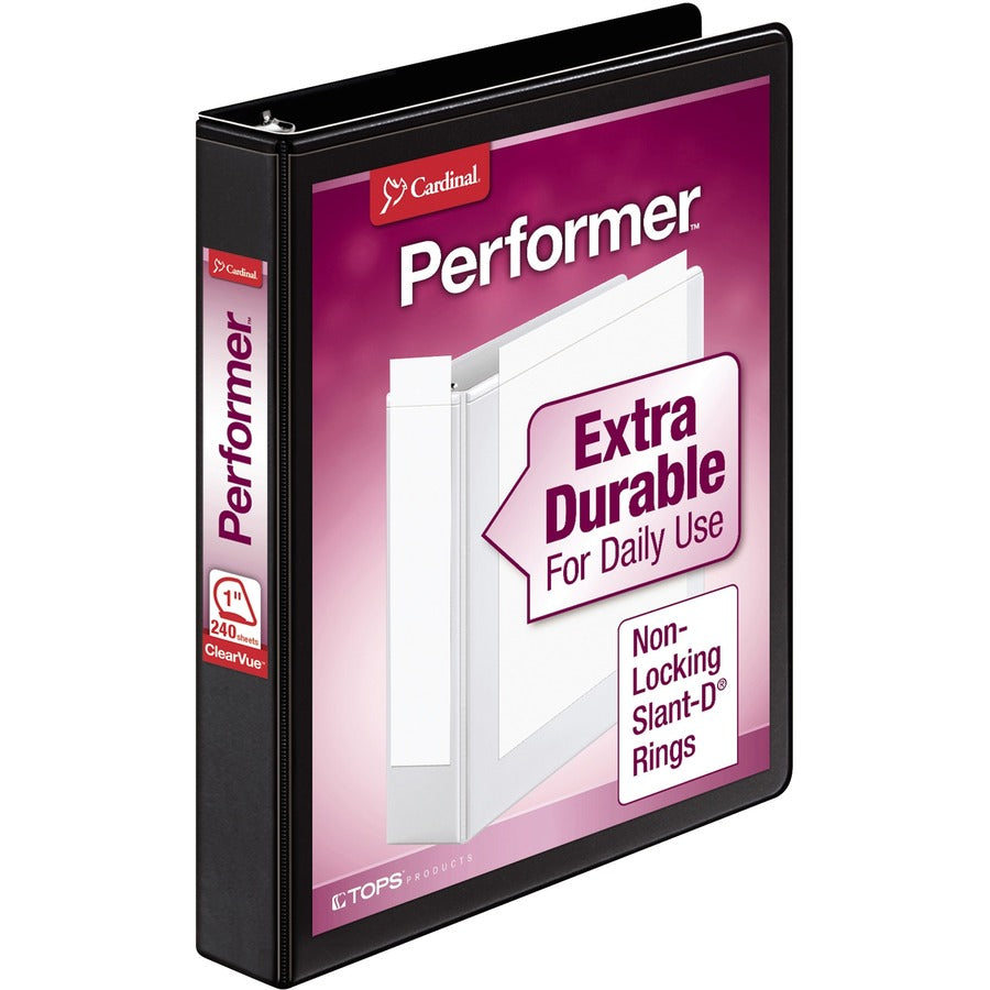Cardinal&reg, Performer ClearVue Slant-D Ring Binder - 1" Binder Capacity - Letter - 8 1/2" x 11" Sheet Size - 240 Sheet Capacity - 1" Spine Width - 3 Ring - Fastener: D-Ring - Pocket: 2, Inside Front & Back - Vinyl - Black - 15.36 oz - Non Locking Mec...
