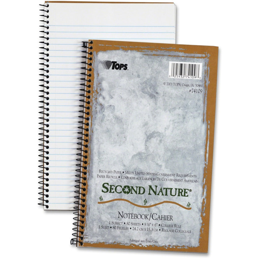TOPS College-ruled Second Nature Notebook - 80 Sheets - Coilock - 15 lb Basis Weight - 6" x 9 1/2" Sheet Size - 0.23" Height x 6" Width x 9.5" Length - White Paper - Light Blue Cover - Perforated, Acid-free, Snag Resistant, Easy Tear, Environmentally F...