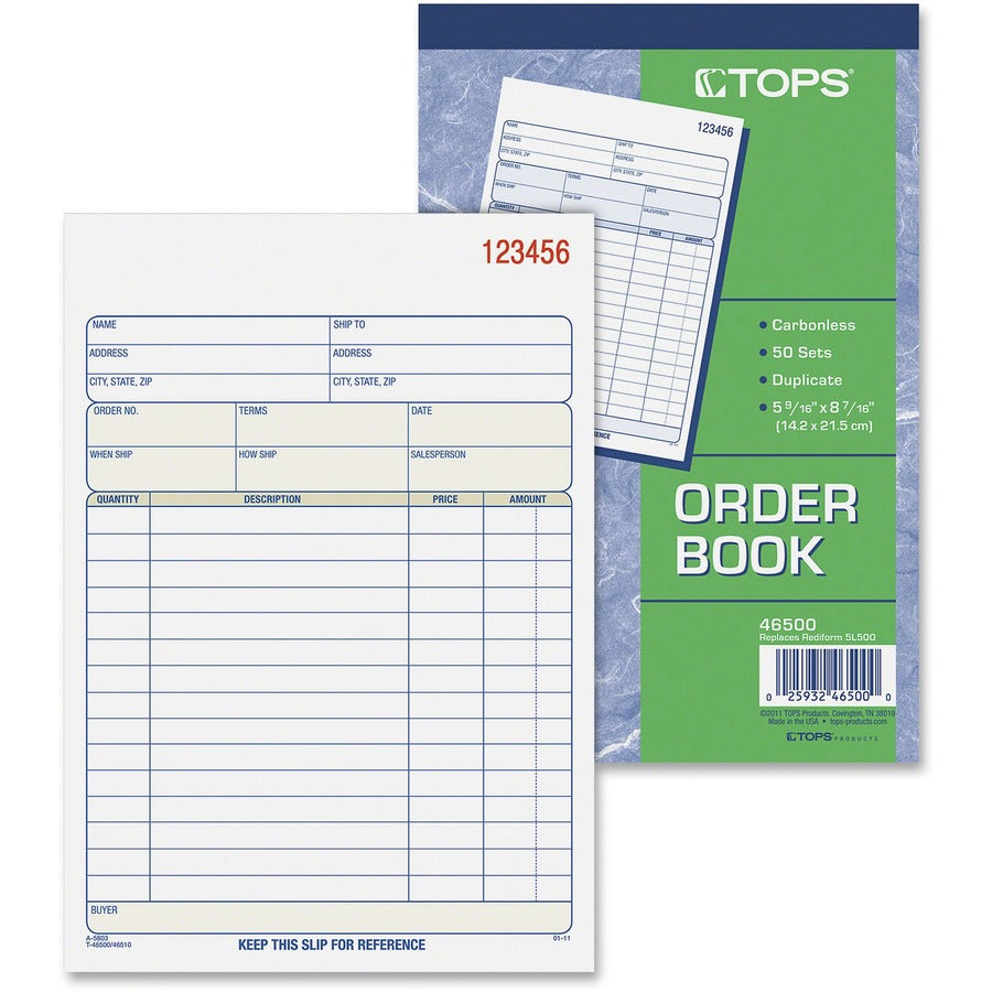 TOPS 2-part Carbonless Sales Order Book - 50 Sheet(s) - 15 lb - 2 Part - Carbonless Copy - 5.56" x 7.94" Form Size - White, Canary - Blue Print Color - 1 Each