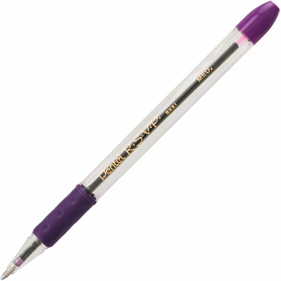 Pentel R.S.V.P. Ballpoint Stick Pens - Refillable - Violet Ink - Clear Barrel - Stainless Steel Tip - 1 - 12 / Dozen