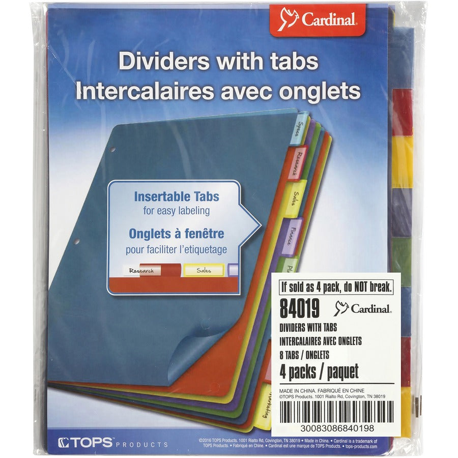 Cardinal&reg, Extra-tough Poly Dividers - 8 Tab(s)/Set - Letter - 8.50" Width x 11" Length - 3 Hole Punched - Polypropylene Divider - Multicolor Tab(s) - Fray Resistant, Tear Resistant, Scratch Resistant, Transfer Safe, Insertable Tab - 4 / Pack