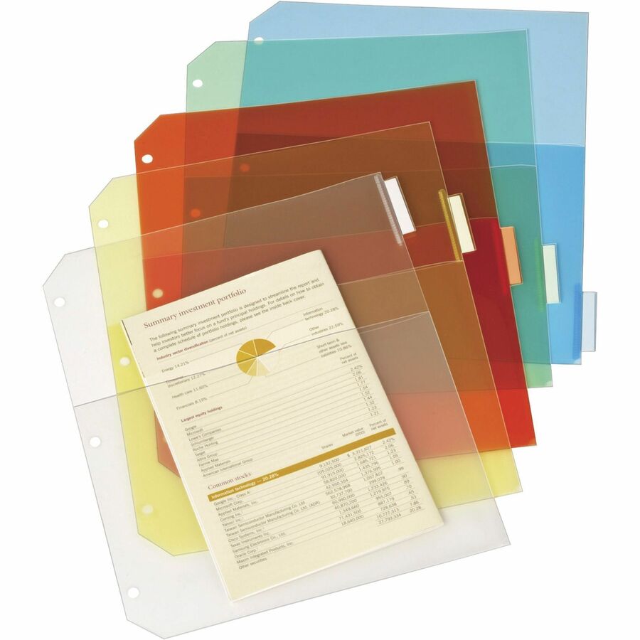 Cardinal&reg, Ring Binder Poly Pockets - 20 x Sheet Capacity - For Letter 8 1/2" x 11" Sheet - 3 x Holes - Assorted - Poly - 5 / Pack