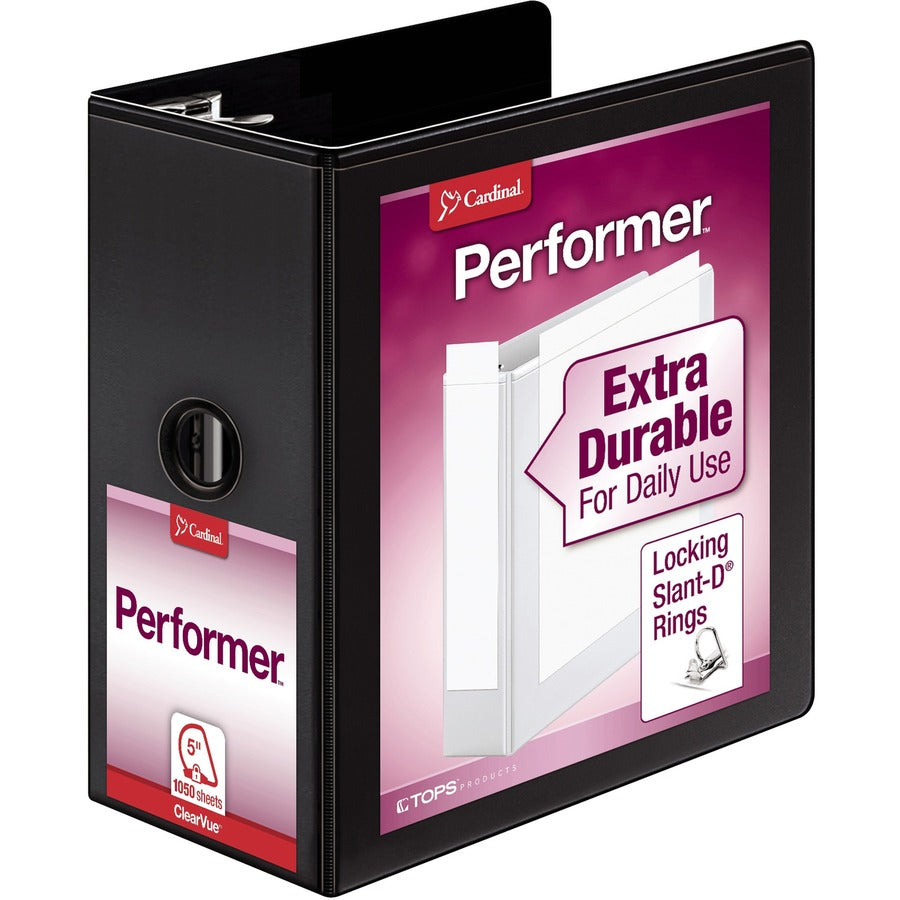 Cardinal&reg, Performer ClearVue 5" Slant-D Binder - 5" Binder Capacity - Letter - 8 1/2" x 11" Sheet Size - 1050 Sheet Capacity - 4 3/8" Spine Width - 3 Ring - Fastener: D-Ring - Pocket: 2, Inside Front & Back - Vinyl - Black - 2.54 lb - Hinged, Sheet...