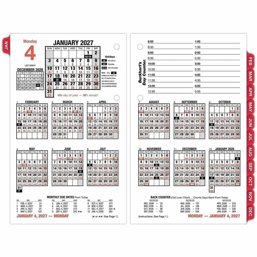At-A-Glance Burkhart's Day Counter Loose-Leaf Desk Calendar Refill - Large - Julian Dates - Daily - 12 Month - January 2027 to December 2027 - 8:00 AM to 5:30 PM - Daily - 1 Day Double Page Layout - 4 1/2" x 7 1/2" Sheet Size - White Sheet - 2-ring - D...