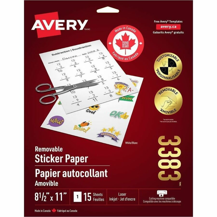 Avery&reg, Sticker Project Paper - Letter - 8 1/2" x 11" - Matte - Printable, Repositionable, Acid-free, Lignin-free - Matte White