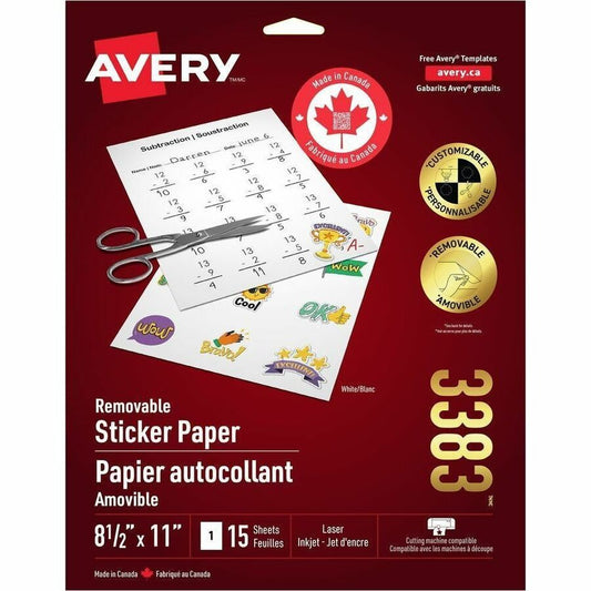 Avery, Sticker Project Paper - Letter - 8 1/2" x 11" - Matte - Printable, Repositionable, Acid-free, Lignin-free - Matte White