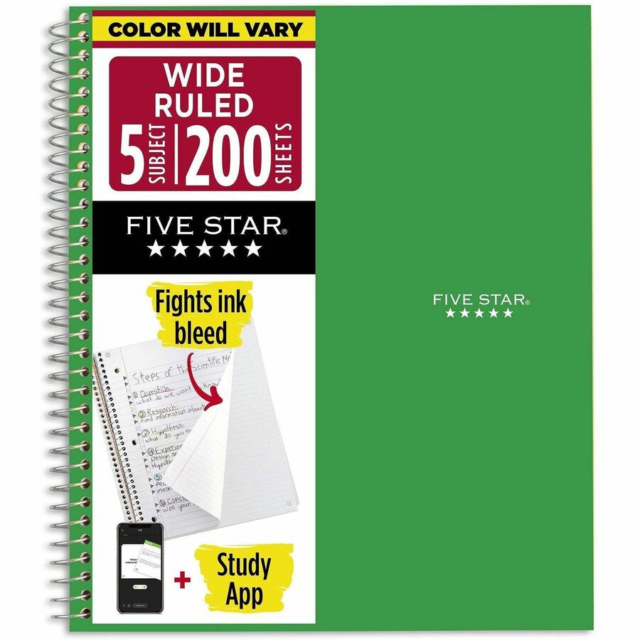 Five Star Five-subject Notebook - 200 Sheets - Wire Bound - 8" x 10 1/2" Sheet Size - Assorted Plastic Cover - Pocket Divider, Subject, Perforated - 1 Each