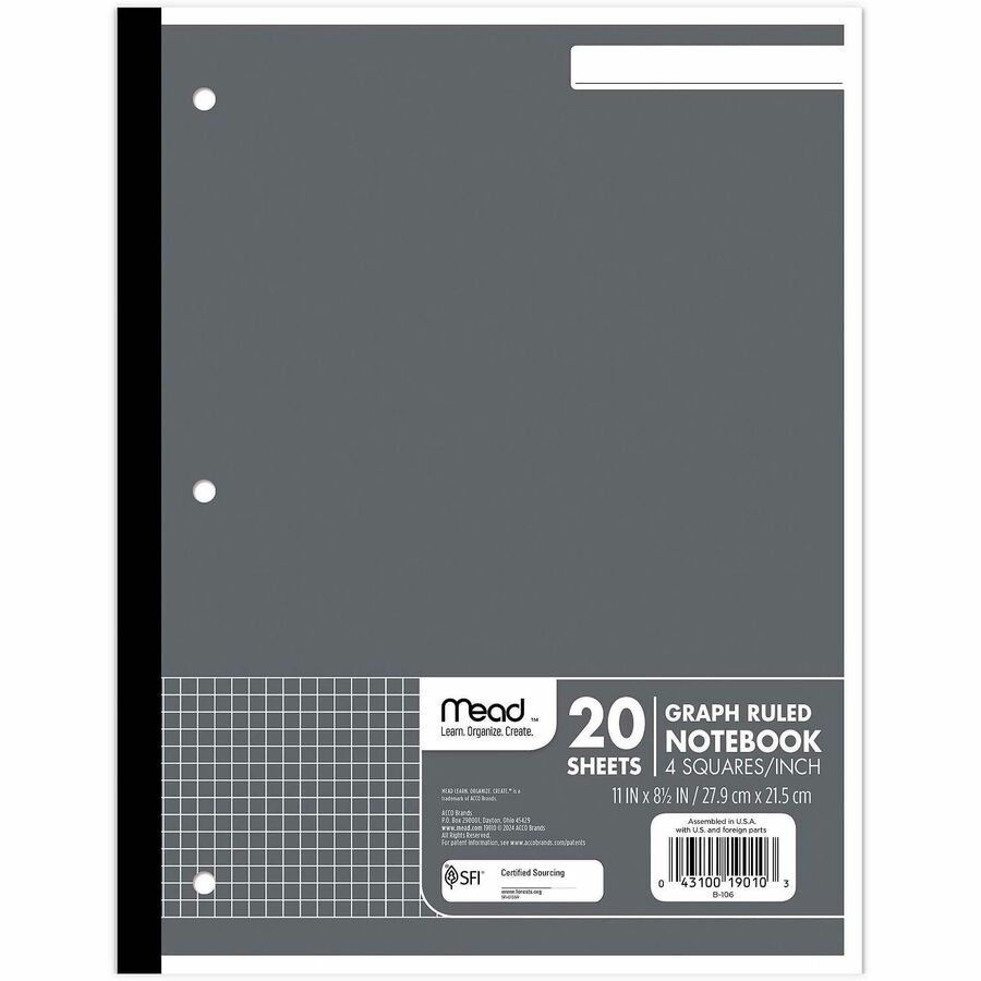 Mead Quad Ruled 3 - Hole Graph Paper - Letter - Letter - 8 1/2" x 11" Sheet Size - 12 / Box
