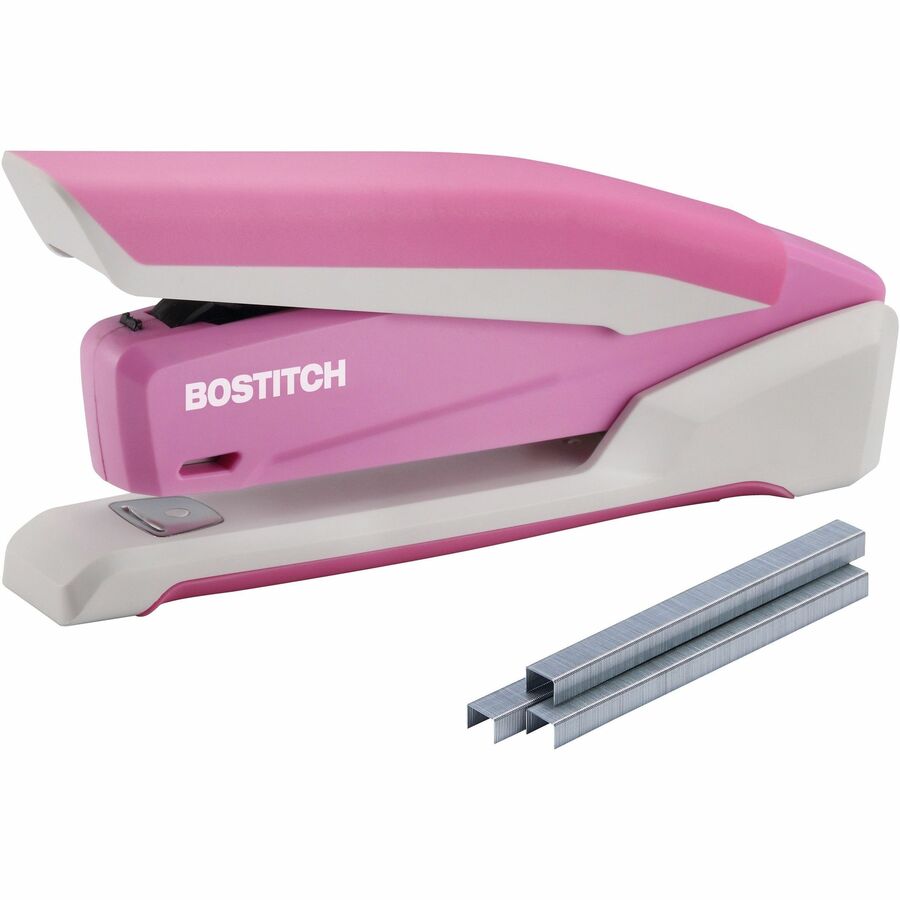Bostitch InCourage Spring-Powered Antimicrobial Desktop Stapler - Staples Upto 20 Sheet of 20lb Paper - Holds Upto 210 Staple - Full Strip - 4.50" Throat Depth - Pink, White - Plastic, Steel, Rubber - 1 Each