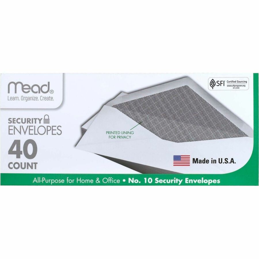 Mead No. 10 Security Envelopes - Business - #10 - 9 1/2" Width x 4 1/8" Length - 20 lb - Gummed - White - Wove - 1 Box