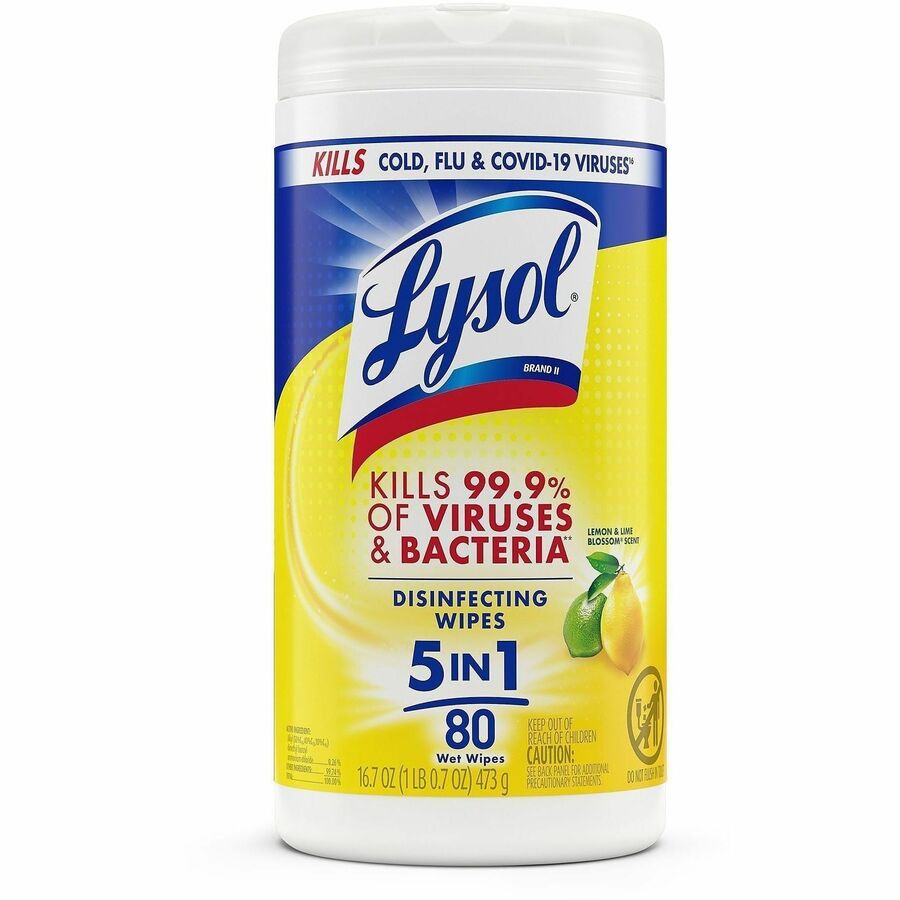 Lysol Disinfecting Wipes - Ready-To-Use - Lemon, Lime Blossom Scent - 7" Length x 7.25" Width - Deodorize, Pre-moistened - White - 80/Tub - 1 Each