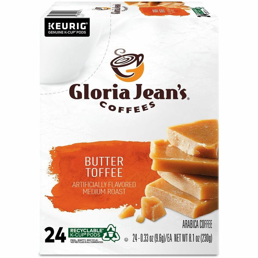 Gloria Jean's K-Cup, Pod Butter Toffee Coffee - Compatible with Keurig Brewer - Regular - Medium - K-Cup, Pod - Butter - Kosher - 24 / Box