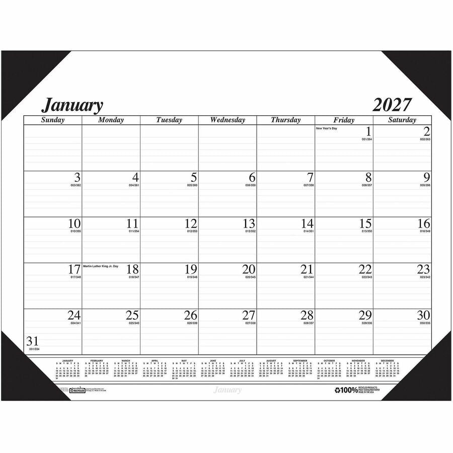 House of Doolittle Recycled Compact Size Economy Desk Pad - Monthly - 12 Month - January 2027 to December 2027 - 1 Month Single Page Layout - 18 1/2" x 13" Sheet Size - 2.31" x 1.75" Block - Desk Pad - White - 1 Each