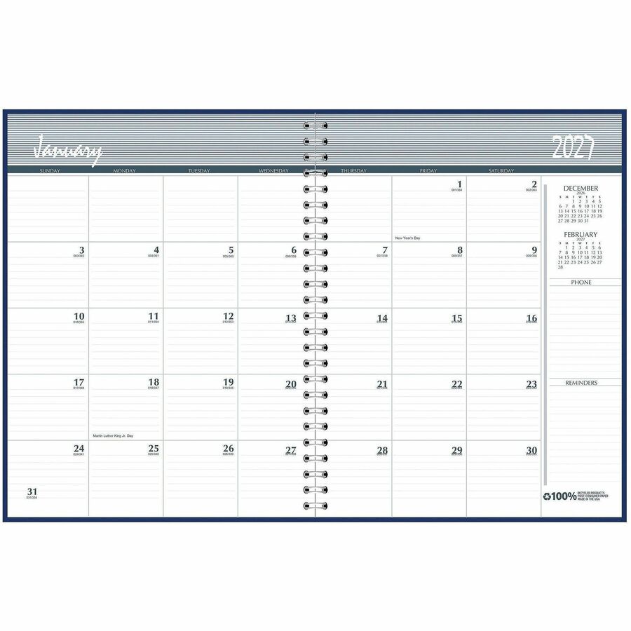 House of Doolittle 14-month Classic Wirebound Monthly Planner - Julian Dates - Monthly - December 2026 to January 2028 - 1 Month Double Page Layout - 8 1/2" x 11" Sheet Size - 2.12" x 1.87" Block - Simulated Leather - Blue Cover - 1 Each
