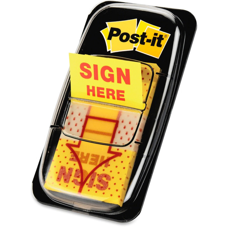 Post-it&reg, Message Flag Value Pack - 600 - 1" Flag/Note Width x 1 3/4" Flag/Note Length - Rectangle, Arrow - Unruled - SIGN HERE - Yellow - Removable - Dispenser Included - 50/Dispenser Box - 12 / Box