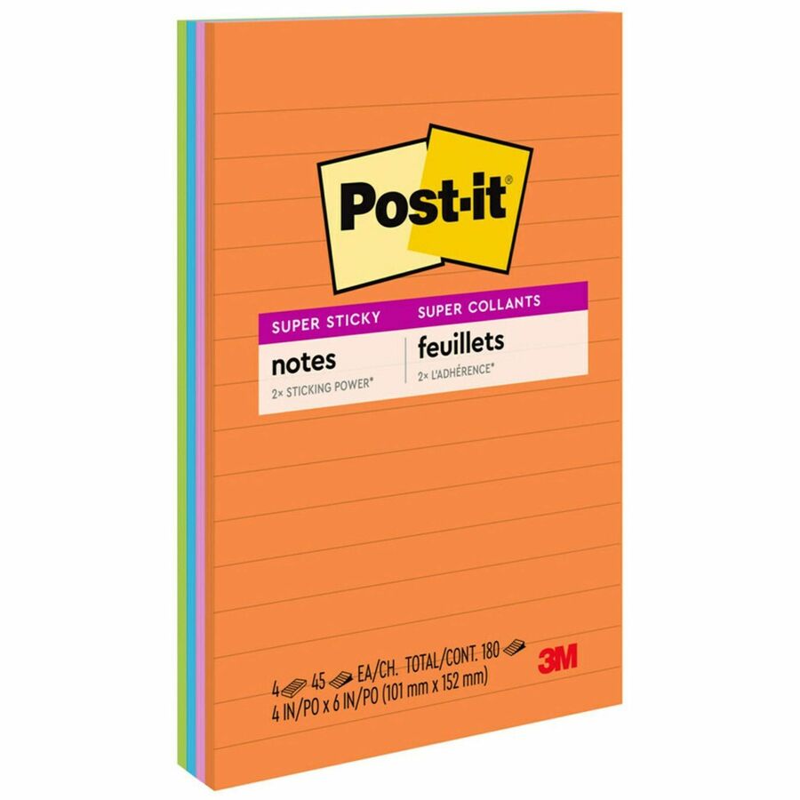 Post-it&reg, Super Sticky Notes - Energy Boost Color Collection - 180 - 4" Flag/Note Width x 6" Flag/Note Length - Rectangle - 45 Sheets per Pad - Ruled - Vital Orange, Tropical Pink, Blue Paradise, Limeade - Paper - Self-adhesive, Repositionable - 1 Pack
