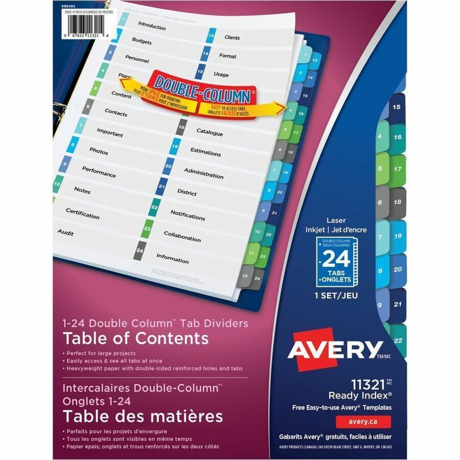 Avery Ready Index&reg, Double Column Table of Content Dividers - 24 x Divider(s) - 24 Tab(s) - Digit - 1-24 - 24 Tab(s)/Set - 8.5" Divider Width x 11" Divider Length - 3 Hole Punched - White Paper Divider - Multicolor Paper Tab(s) - 20% Recycled - Hole...
