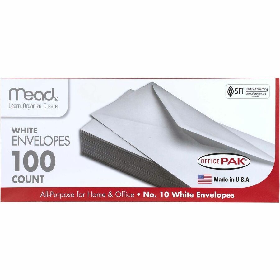 Mead Plain White Envelopes - Business - #10 - 4 1/8" Width x 9 1/2" Length - Gummed - White - 100 / Box