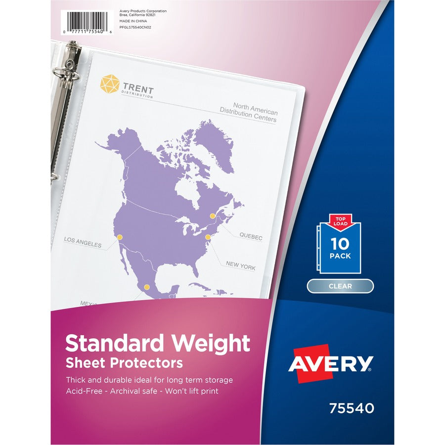 Avery&reg, Standard Weight Sheet Protectors - 10 x Sheet Capacity - For Letter 8 1/2" x 11" Sheet - 3 x Holes - Ring Binder - Top Loading - Rectangular - Semi Clear - Polypropylene - 10 / Pack