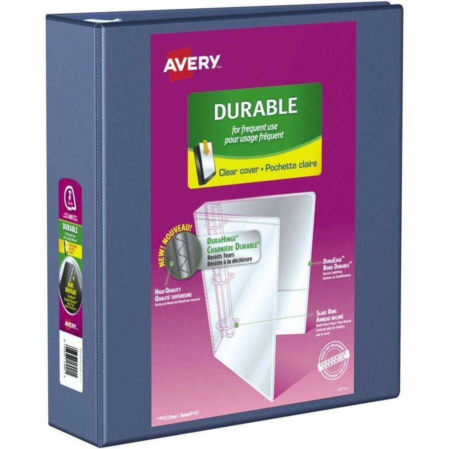 Avery Durable View Binder - 3" Binder Capacity - Letter - 8 1/2" x 11" Sheet Size - 600 Sheet Capacity - 635 x 3" Ring - Fastener: Slant Ring - Pocket: 2, Internal - DuraHinge design - Polypropylene - Navy Blue - Durable, Label Holder, Smooth, Long Las...