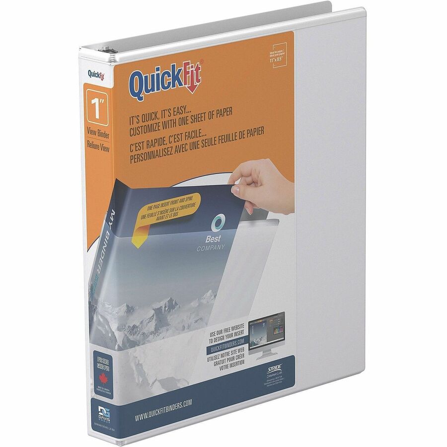 QuickFit View Binder, 3-Ring Binder, Angle D Ring, 1 Inch, White - 1" Binder Capacity - Letter - 8 1/2" x 11" Sheet Size - 225 Sheet Capacity - 3 x 1" Ring - Fastener: D-Ring - Polypropylene - White - Recycled - Clear Overlay - 1 Each