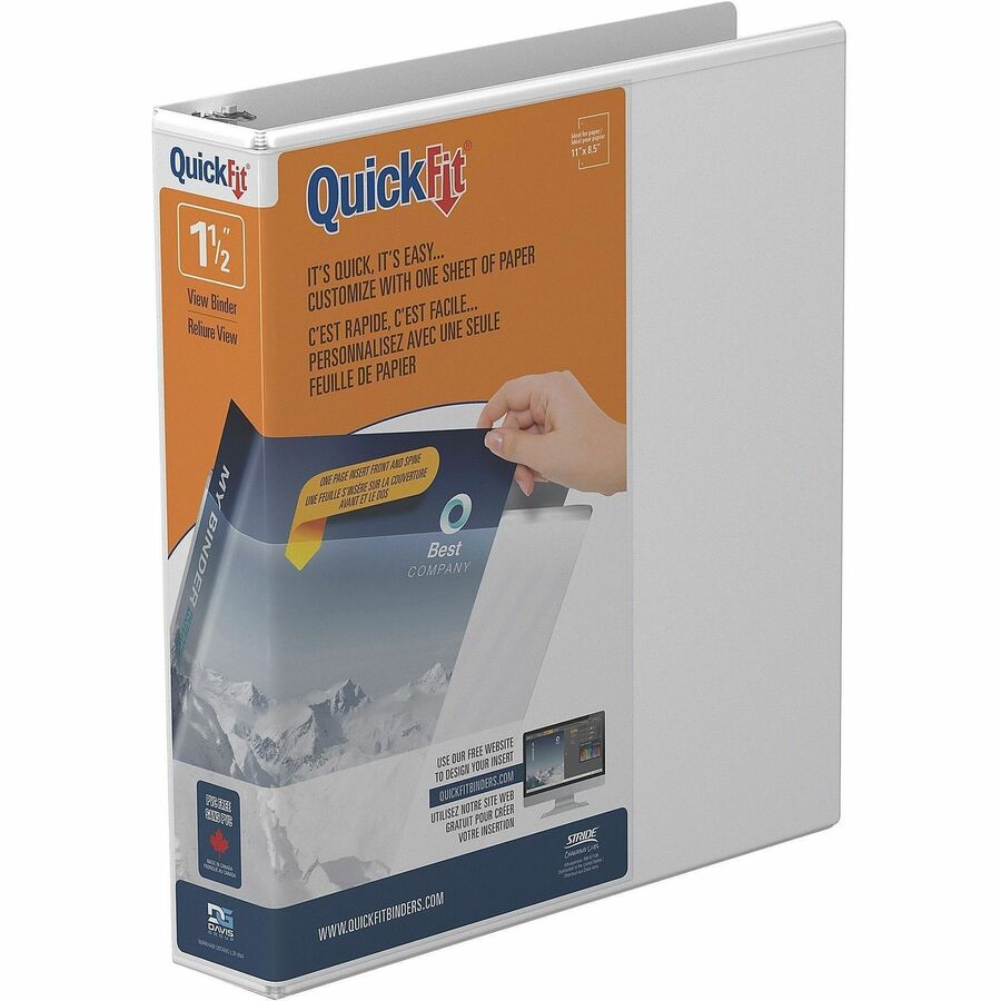 QuickFit View Binder, 3-Ring Binder, Angle D Ring, 1.5 Inch, White - 1 1/2" Binder Capacity - Letter - 8 1/2" x 11" Sheet Size - 375 Sheet Capacity - 3 x 1.50" Ring - Fastener: D-Ring - Polypropylene - White - Recycled - Clear Overlay - 1 Each